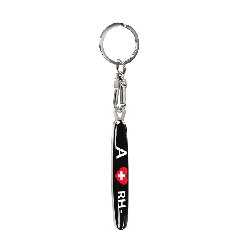 Avisa, ruostumattomasta teräksestä valmistettu avaimenperä - veriryhmä A RH- - 1,4 x 8 cm
