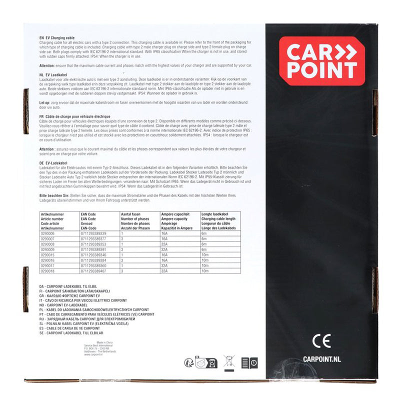 Carpoint, Elektrisk køretøjsopladningskabel, Type 2 > 2 16A 3-fase, 10 meter