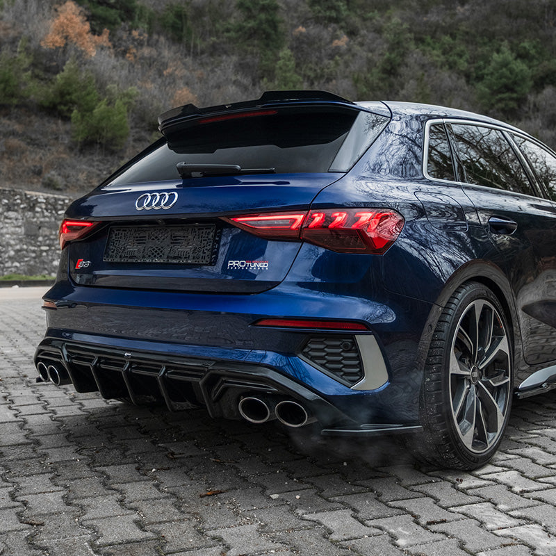 OneWay, takapuskuriin asennettavat splitterit, kiiltävä musta, sopii Audi A3 8Y Sportback S3/S-Line 2020-2024