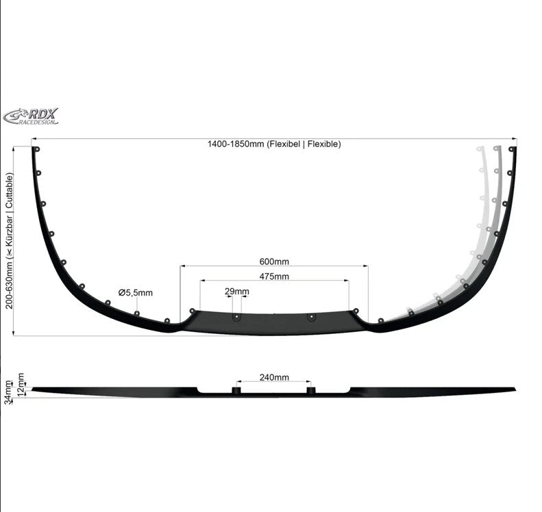 RDX Racedesign, RDX Universal Cup 2.0 etuspoilerin lippa - joustava - musta (PU)