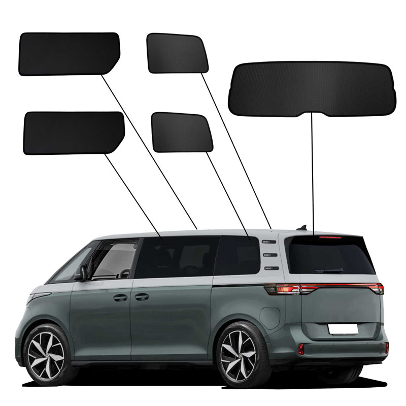 SunClip, aurinkoverho & yksityisyyssuoja, sopii Volkswagen ID.Buzz (Bus) 2022- (pitkä akseliväli, ilman liukuikkunoita)