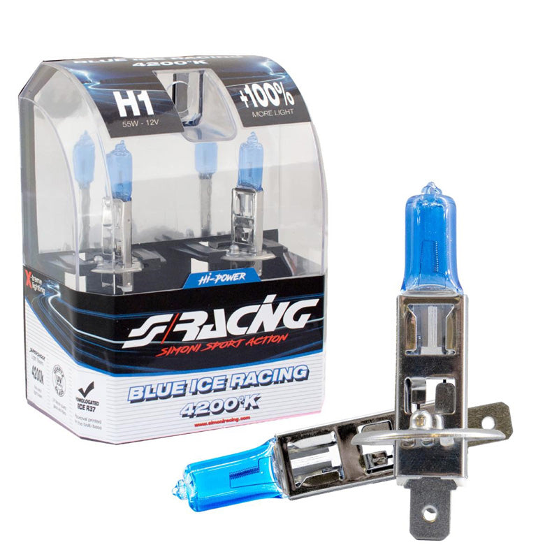 Simoni Racing, halogeenipolttimot 'Blue Ice Racing' H1 (4200K) 12V/55W - 2 kpl:n sarja. ECE-R37 E-hyväksytty