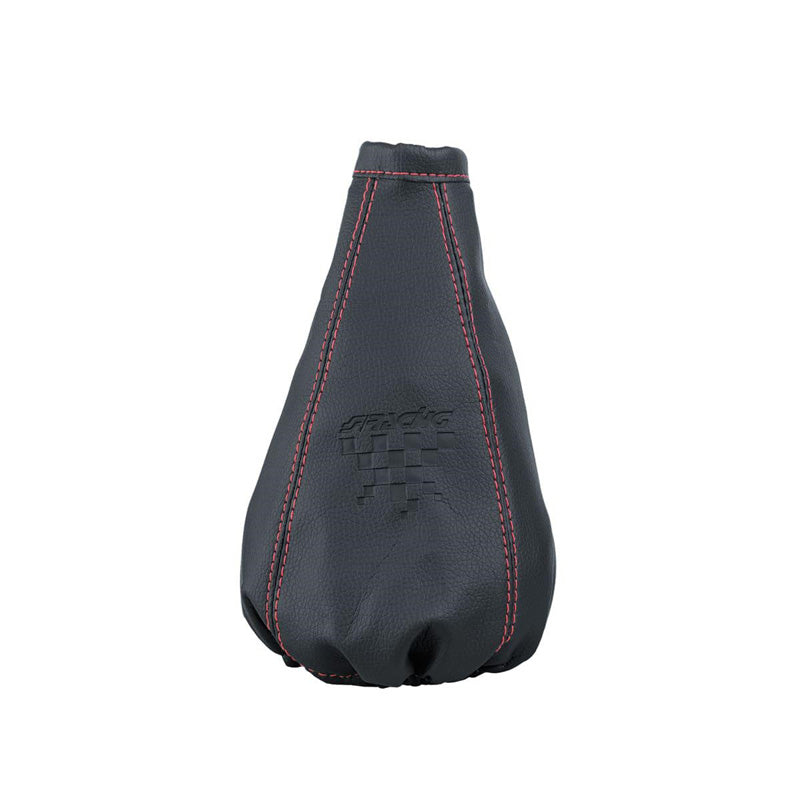 Simoni Racing, universaali vaihdekepin suojapalje - musta punaisilla ompeleilla - 125x125mm/Ø140mm