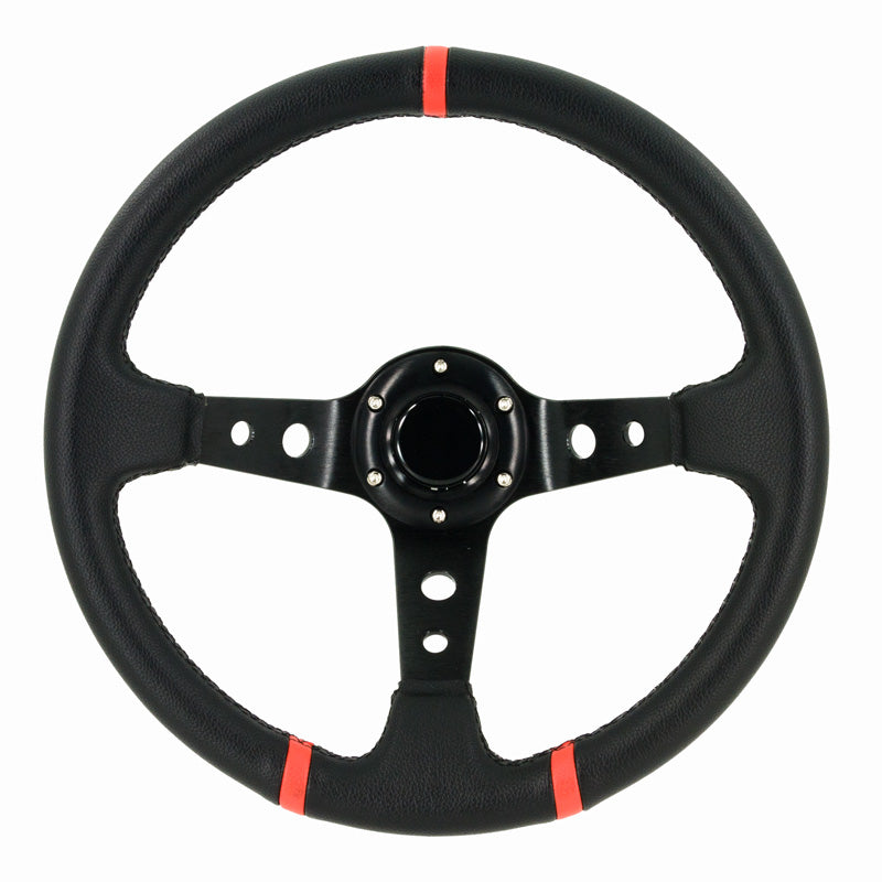 AutoStyle, urheiluohjauspyörä syvällä kehällä - Ø350mm - musta PVC-nahka + mustat puolat + punaiset raidat